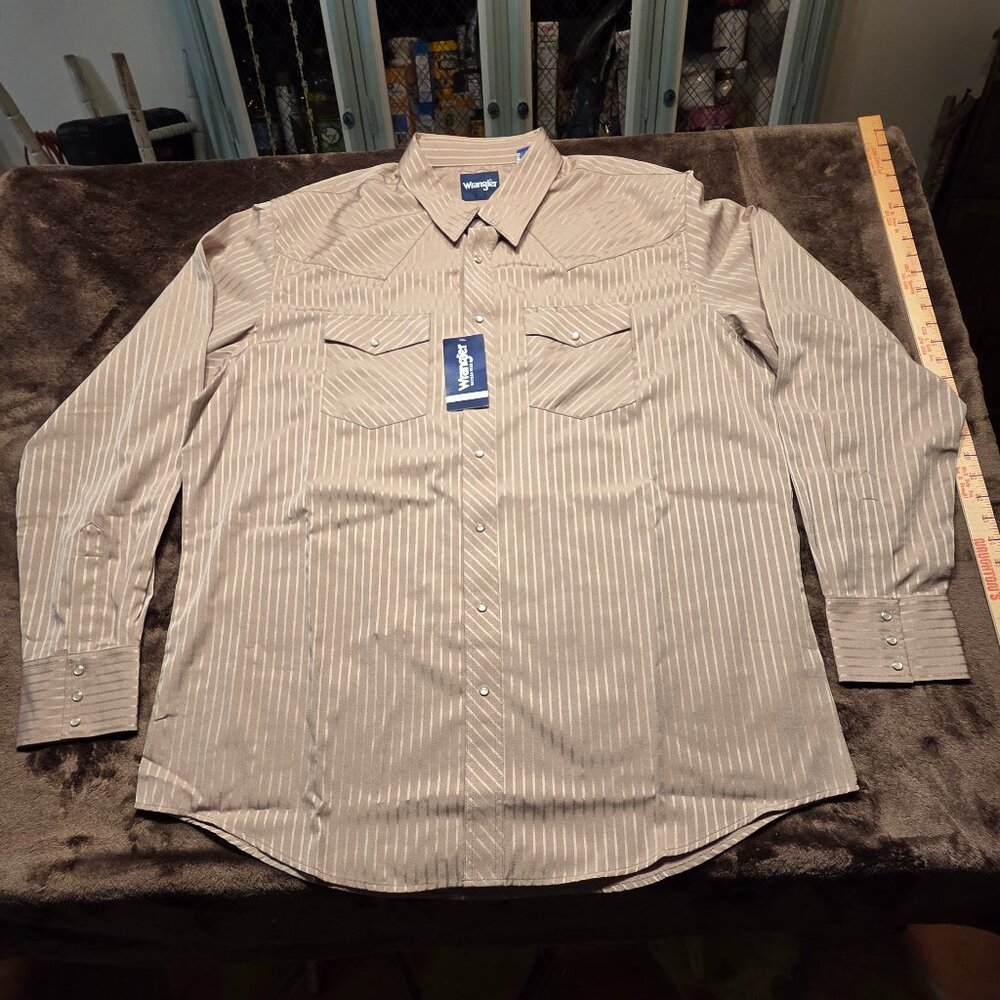 Wrangler Shirt Mens 2XLT Tan/Stripe Pearl Snap Western Cowboy Rodeo Long Sleeve